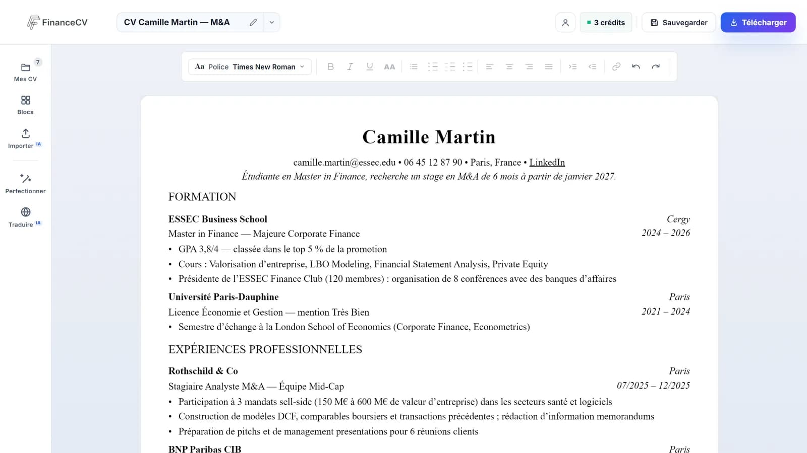Éditeur FinanceCV : le CV s'édite directement sur la page A4, avec la barre d'outils au-dessus et les actions IA à gauche
