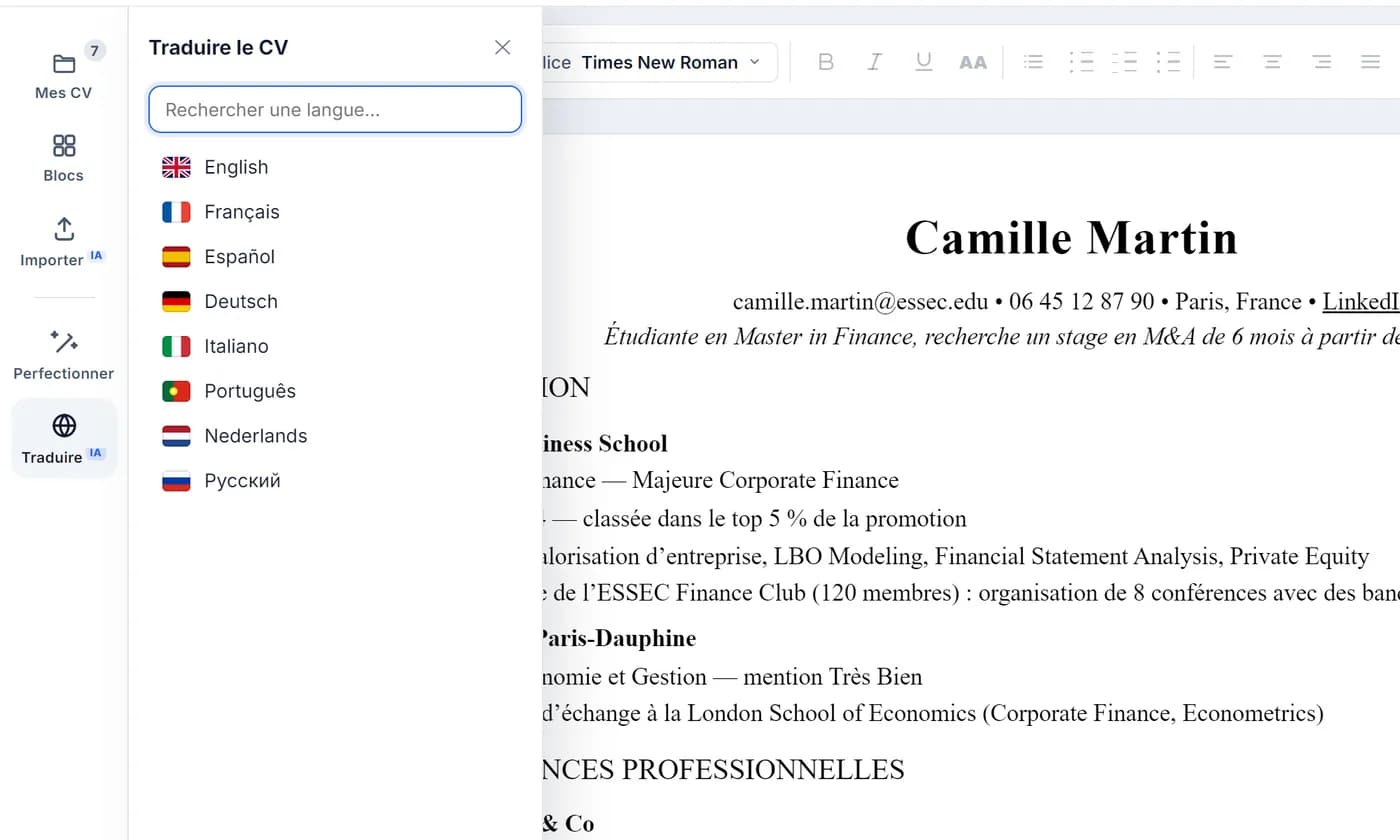 Panneau Traduire le CV de FinanceCV avec la liste des langues disponibles