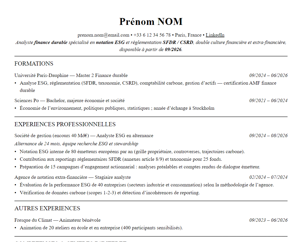 Aperçu : Exemple de CV Analyste ESG