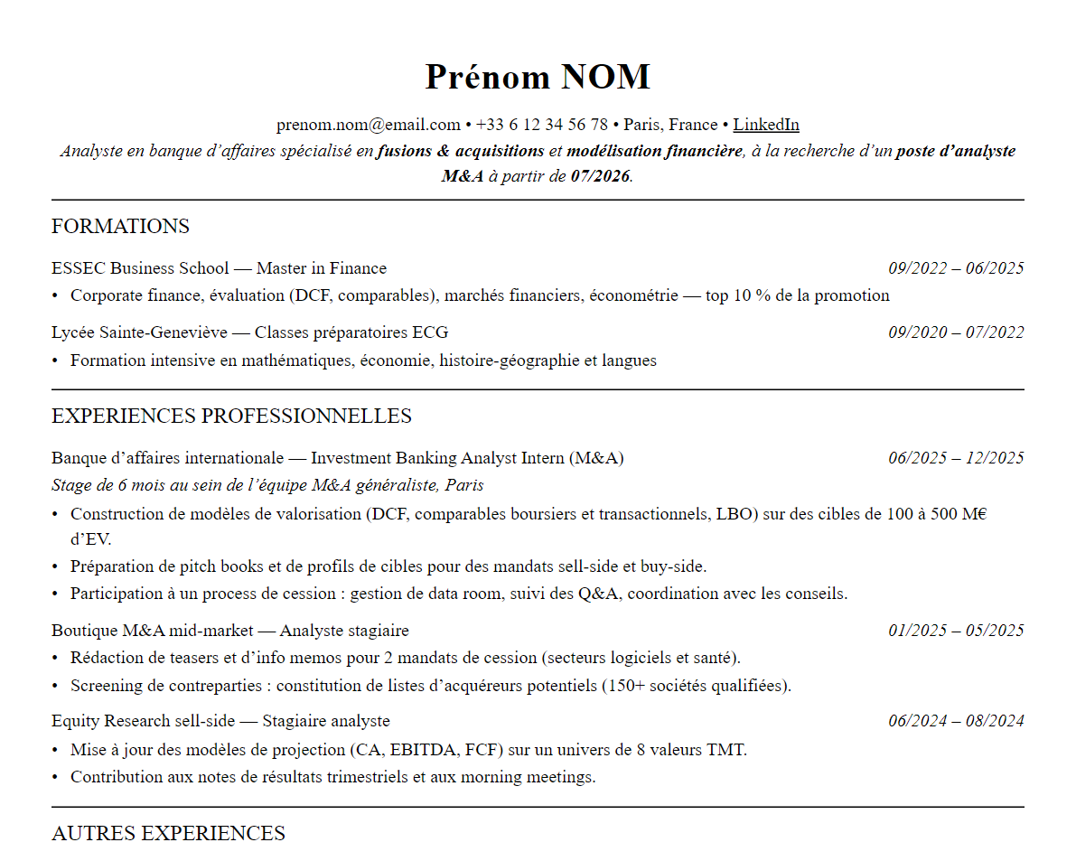 Aperçu : Exemple de CV Analyste M&A