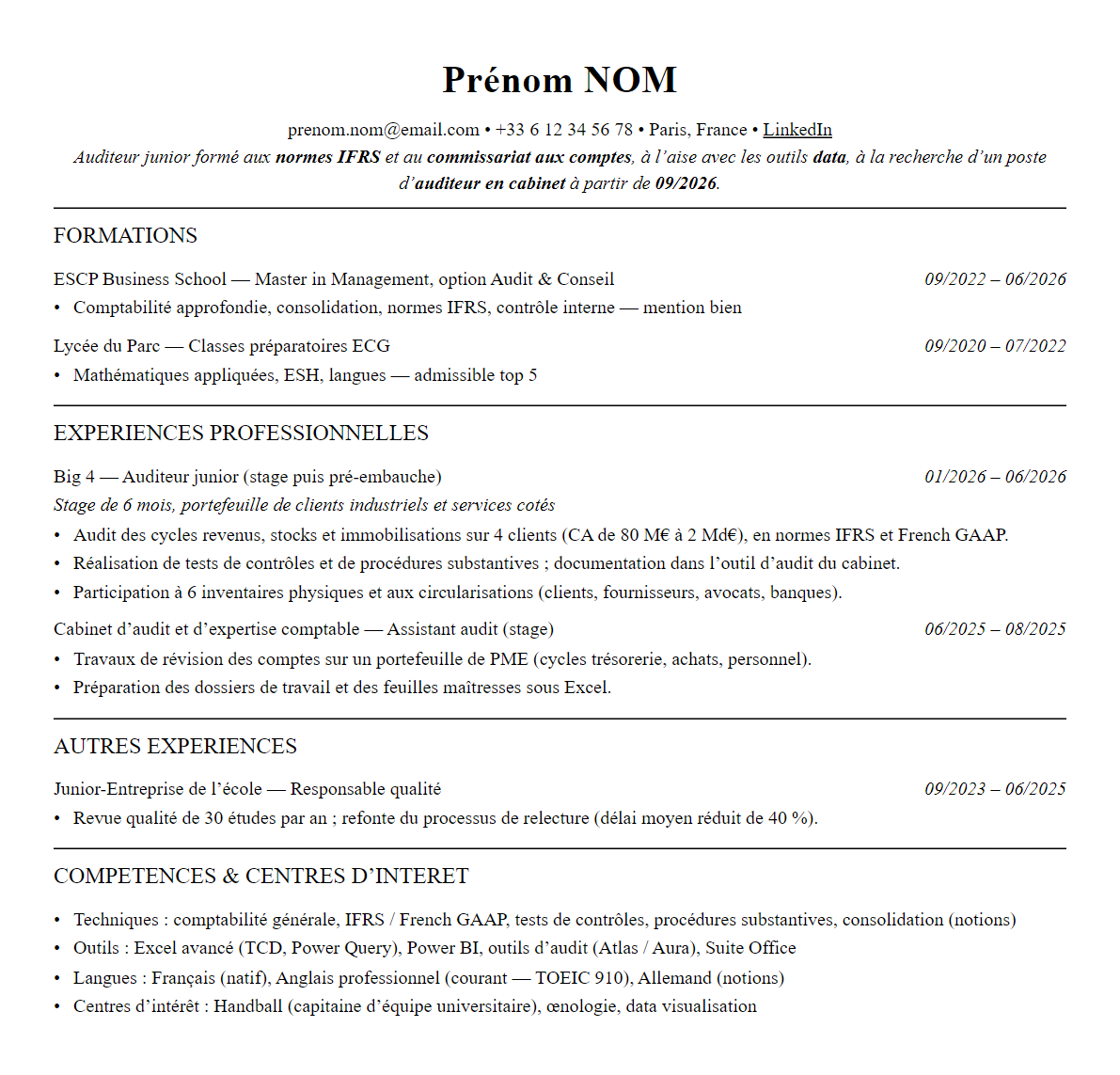 CV Audit (Big 4) complet sur une page