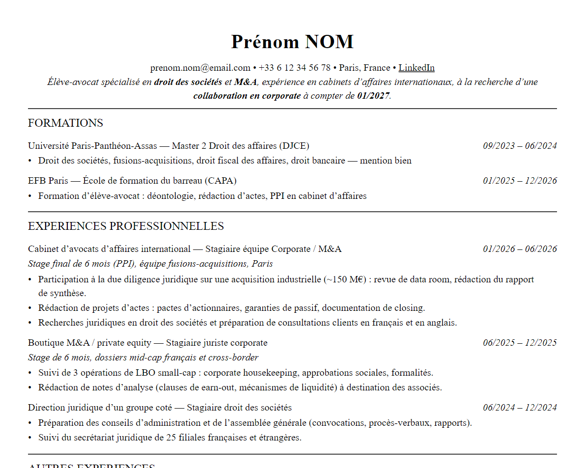 Aperçu : Exemple de CV Avocat d'affaires