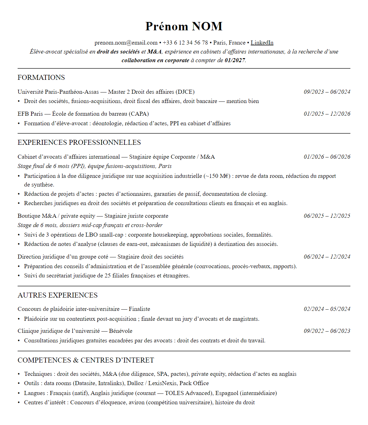 CV Avocat d'affaires complet sur une page