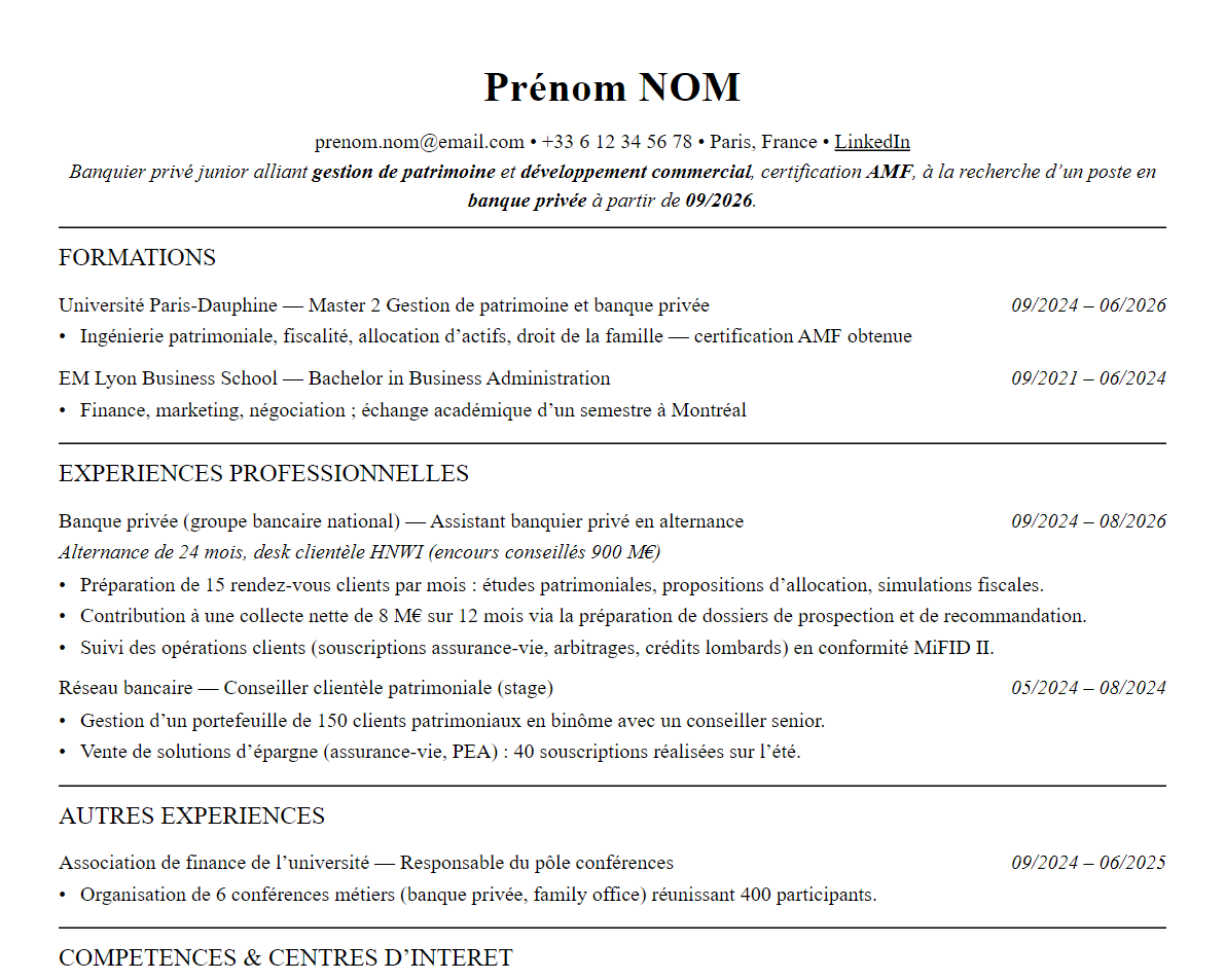 Aperçu : Exemple de CV Banque privée