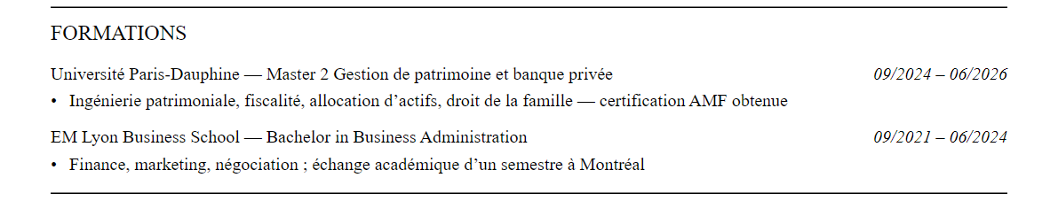 CV Banque privée : formation