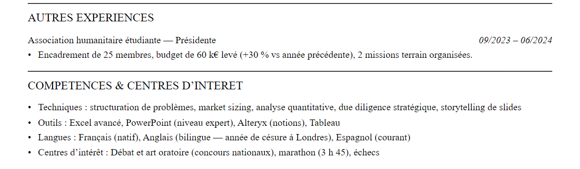 CV Conseil en stratégie : compétences et centres d’intérêt