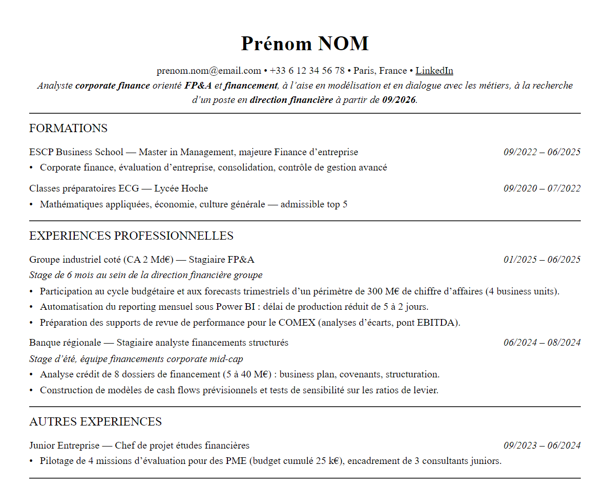 Aperçu : Exemple de CV Corporate Finance
