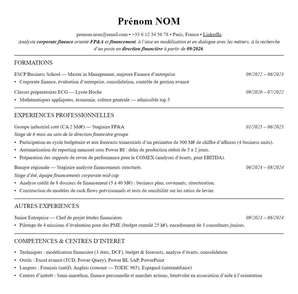 CV Corporate Finance complet sur une page