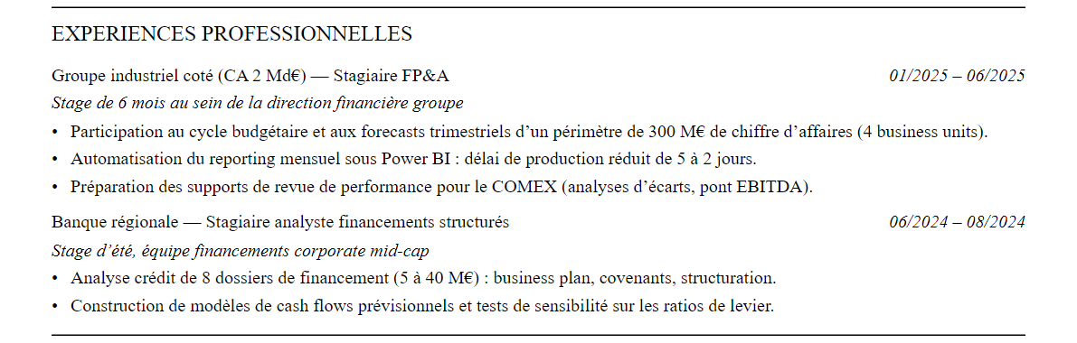 CV Corporate Finance : expériences
