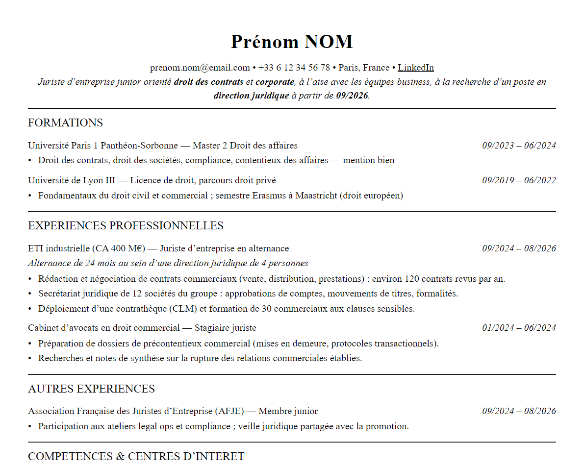 Aperçu : Exemple de CV Juriste d'entreprise