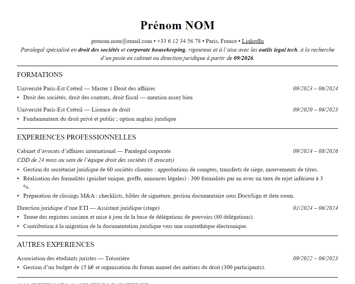 Aperçu : Exemple de CV Paralegal