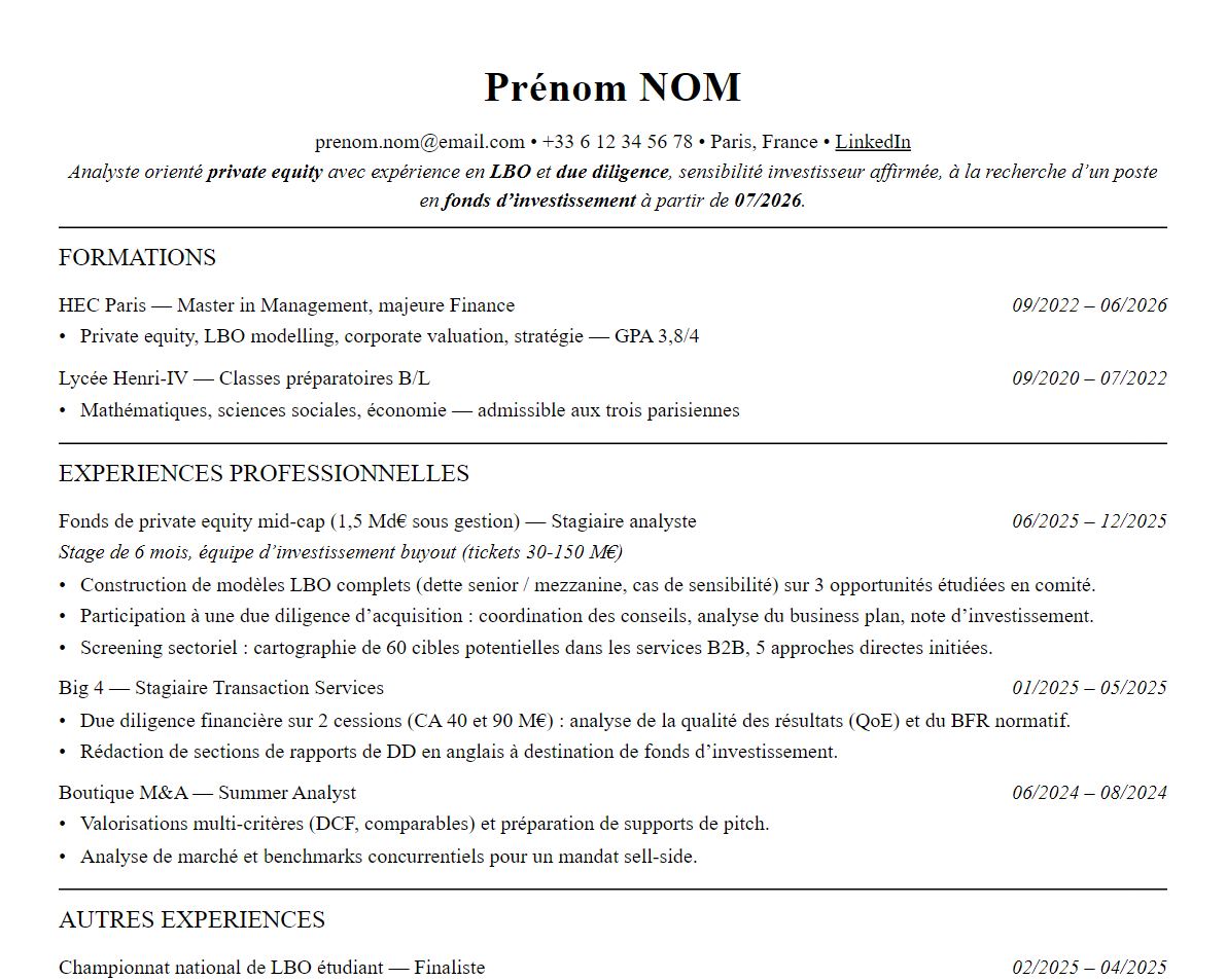 Aperçu : Exemple de CV Private Equity