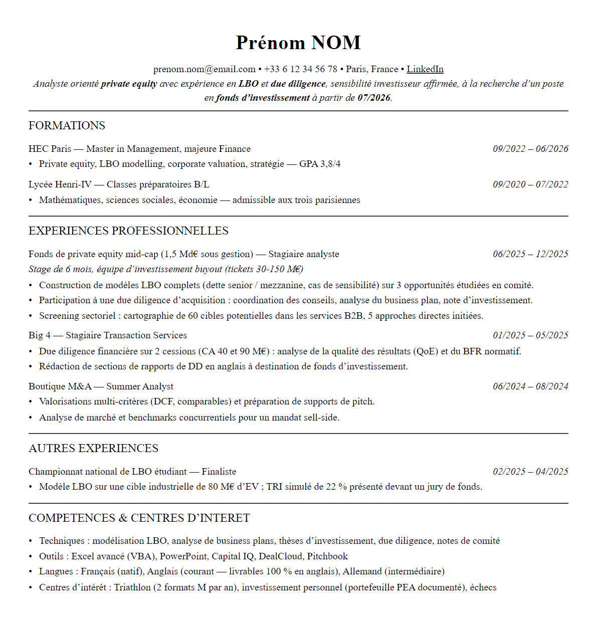 CV Private Equity complet sur une page