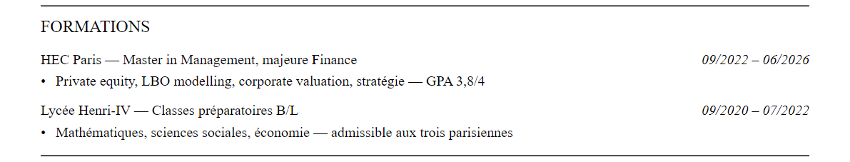 CV Private Equity : formation