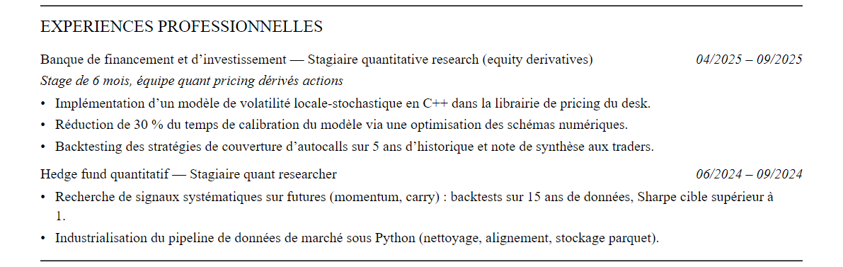 CV Finance quantitative : expériences