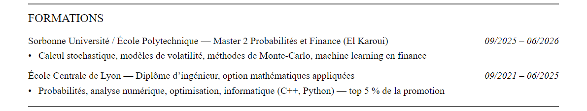 CV Finance quantitative : formation