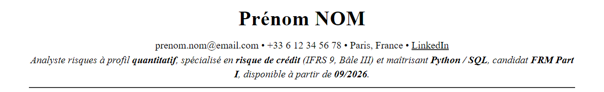 CV Risk Management : en-tête et accroche