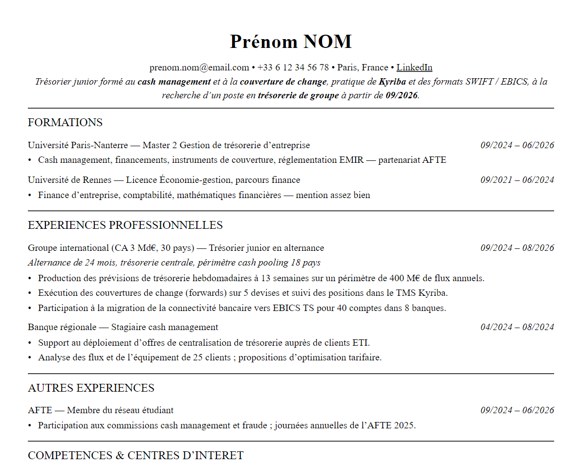 Aperçu : Exemple de CV Trésorerie