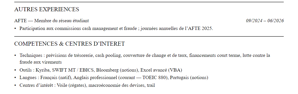 CV Trésorerie : compétences et centres d’intérêt