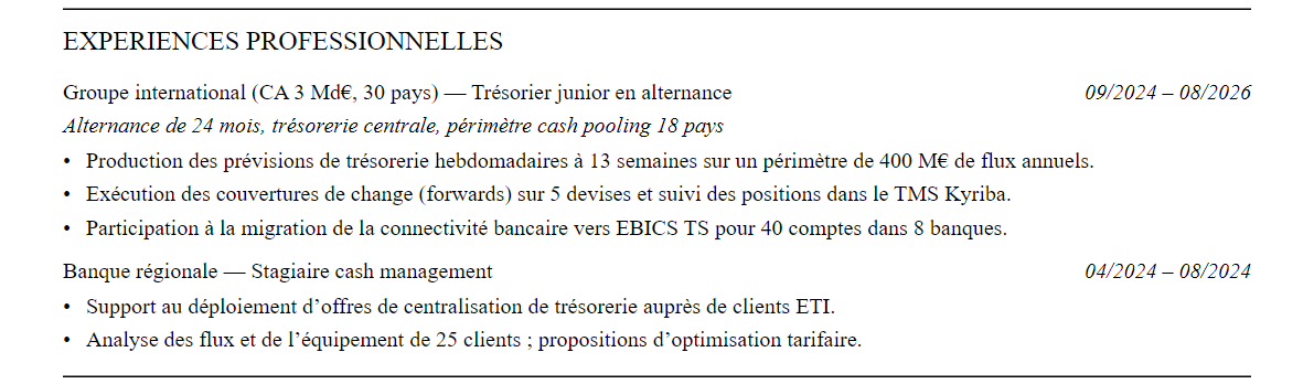 CV Trésorerie : expériences